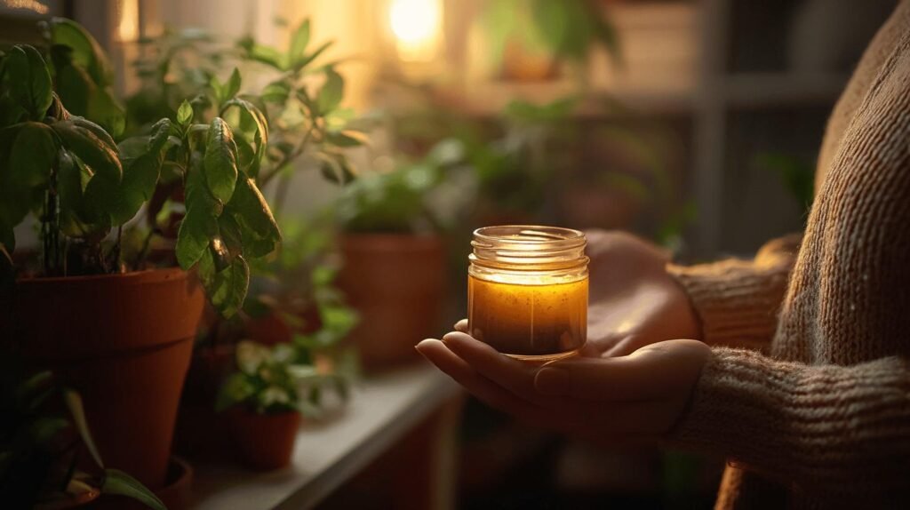 Une personne en pull tient une bougie allumée dans un petit bocal en verre, semblable au shilajit en bocal. La lumière chaude illumine ses mains et les plantes en pot environnantes, créant une atmosphère chaleureuse rappelant le shilajit pur. En arrière-plan, évoquant l'essence naturelle de la résine de shilajit, on aperçoit un jardin intérieur à la lumière douce qui sublime ce moment de sérénité par des notes de shilajit.