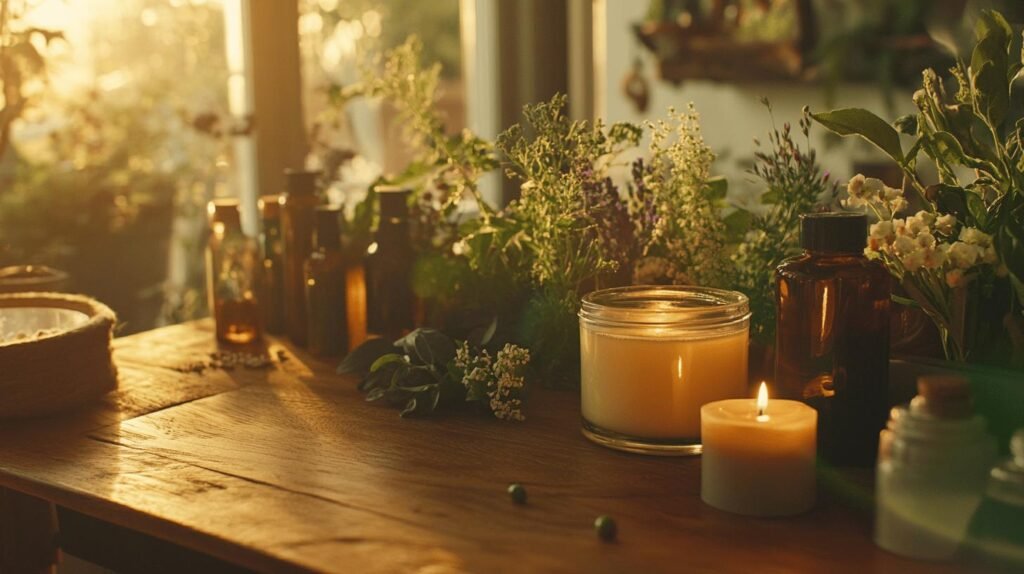 Bien sûr ! Voici la description retravaillée, avec l'ajout des mots-clés demandés : Une table en bois baignée par la lumière du soleil accueille des bougies allumées, des bouteilles en verre et des bocaux, notamment du shilajit pur et du shilajit en bocal posés parmi les herbes fraîches et les plantes vertes. L’ensemble crée une atmosphère chaleureuse, naturelle et apaisante où l’on remarque la présence de résine de shilajit dans un bocal élégant. N’hésitez pas si vous souhaitez d’autres reformulations !.