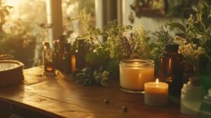 Bien sûr ! Voici la description retravaillée, avec l'ajout des mots-clés demandés : Une table en bois baignée par la lumière du soleil accueille des bougies allumées, des bouteilles en verre et des bocaux, notamment du shilajit pur et du shilajit en bocal posés parmi les herbes fraîches et les plantes vertes. L’ensemble crée une atmosphère chaleureuse, naturelle et apaisante où l’on remarque la présence de résine de shilajit dans un bocal élégant. N’hésitez pas si vous souhaitez d’autres reformulations !.