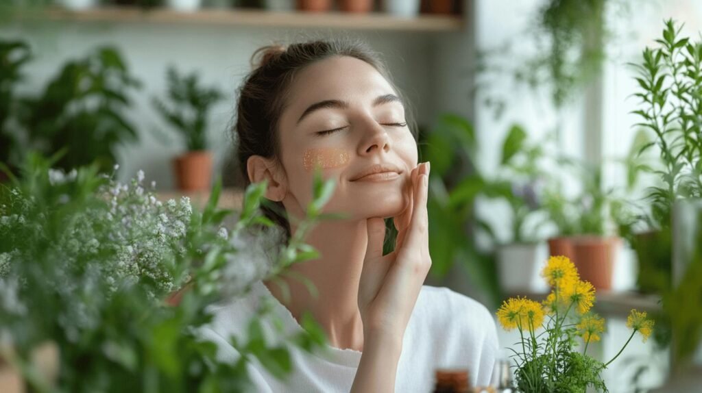 Bien sûr ! Voici une version de votre texte intégrant les mots-clés shilajit, shilajit pur, shilajit en bocal, et shilajit résine : Une femme aux yeux fermés et à l’expression paisible applique un masque visage naturel contenant du shilajit pur. Elle est entourée de plantes vertes luxuriantes et de fleurs dans un intérieur lumineux. Le bocal de shilajit résine est posé à proximité, mettant en avant la pureté et les bienfaits du shilajit pour les soins naturels du visage. N'hésitez pas si vous souhaitez adapter ce texte ou le personnaliser davantage !.