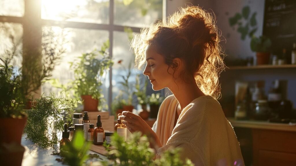 Bien sûr ! Voici une version enrichie de votre texte, intégrant les mots-clés demandés : Une femme aux cheveux bouclés s’assoit à une table baignée de lumière, entourée de plantes et de flacons de soins pour la peau – parmi lesquels un bocal contenant du shilajit pur. Elle examine attentivement une petite bouteille de résine de shilajit, profitant d’un moment paisible dans cette atmosphère naturelle. Les rayons doux du matin traversent la grande fenêtre, mettant en valeur le shilajit en bocal posé sur la table et créant un environnement serein propice au bien-être. Voulez-vous que j’adapte ou développer ce texte pour un usage particulier (fiche produit, description Instagram…) ?.