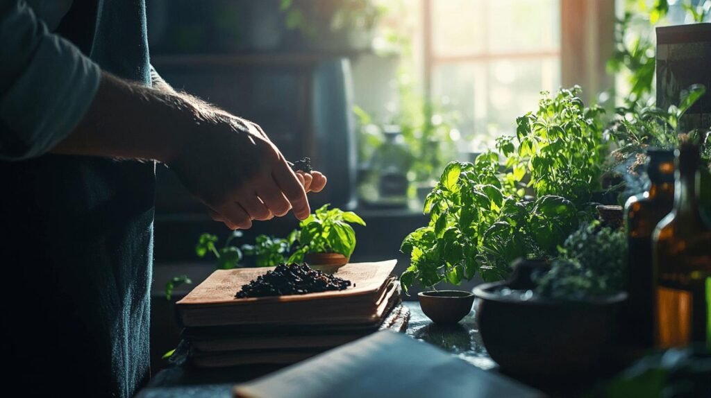 Bien sûr ! Voici votre texte enrichi avec les mots-clés demandés : Une personne prépare des herbes fraîches sur un plan de travail dans la cuisine, baignée par la lumière du soleil filtrant à travers une fenêtre. Autour d'elle sont disposées diverses plantes vertes et des bouteilles en verre, formant un décor naturel et sain. Sur la table se trouvent également du shilajit, du shilajit pur présenté en bocal ainsi que de la résine de shilajit (shilajit résine), intégrée à cette ambiance de bien-être centrale sur les plantes médicinales et les super-aliments naturels. N’hésitez pas si vous souhaitez d’autres reformulations ou intégrer davantage ces mots-clés !.