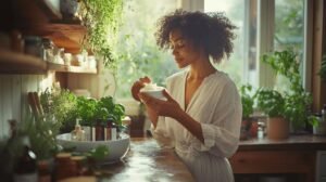 Bien sûr ! Voici la phrase enrichie avec les mots demandés : shilajit, shilajit pur, shilajit en bocal, et shilajit résine. Texte modifié : Une femme vêtue d'une robe légère se tient dans une cuisine baignée de soleil, entourée de plantes vertes. Elle tient un bol et mélange son contenu, tandis que sur le plan de travail en bois sont disposés des bouteilles, des herbes ainsi qu'un bocal de shilajit pur. La présence du shilajit résine avec l’accent sur les bienfaits naturels de ce superaliment ancestral. --- Si tu veux que tous les mots ces apparaissent plusieurs fois ou souhaite une variante plus longue/plus descriptive n'hésite pas à me préciser !.