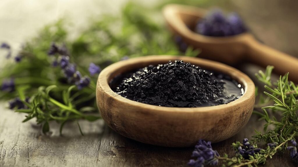 Bien sûr ! Voici une version française du texte, enrichie avec les mots-clés demandés (shilajit, shilajit pur, shilajit en bocal, shilajit résine) de façon naturelle : Un bol en bois rempli de sel noir et accompagné de shilajit pur repos sur une surface rustique. Autour du bol se trouvent des herbes fraîches et des petites fleurs violettes, évoquant un cadre naturel idéal pour présenter le shilajit résine. À l’arrière-plan, on aperçoit une cuillère en bois ainsi que davantage d’herbes fraîches. Ce mélange évoque la richesse authentique du shilajit en bocal et met en valeur les bienfaits uniques du shilajit pur. N’hésitez pas si vous souhaitez d’autres adaptations !.