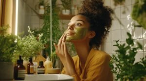 Bien sûr ! Voici votre texte amélioré avec l'intégration des mots « shilajit », « shilajit pur », « shilajit en bocal » et « shilajit résine » : Une femme portant un haut jaune applique un masque pour le visage vert dans une salle de bain remplie de diverses plantes et de flacons de soins, dont du shilajit, du shilajit pur, du shilajit en bocal et même du shilajit résine. Elle adopte une expression étendue tout en profitant des bienfaits naturels apportés par ces soins à base de shilajit. N’hésitez pas si vous souhaitez d’autres variantes ou adaptations !.