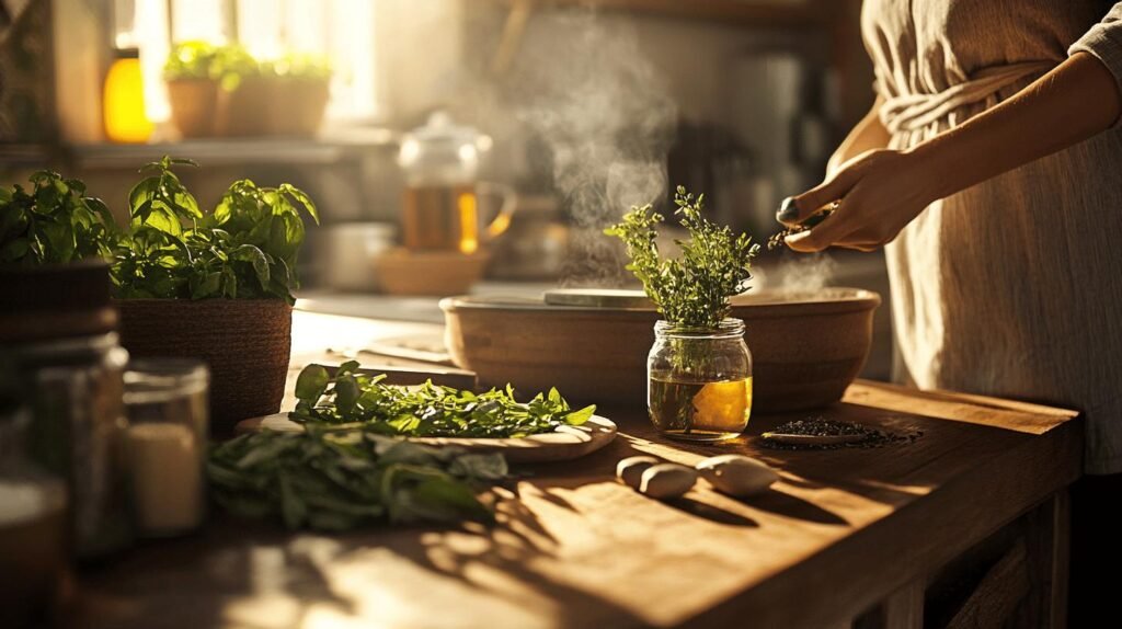 Bien sûr ! Voici le texte modifié, intégrant les mots demandés : shilajit, shilajit pur, shilajit en bocal et shilajit résine : Une personne prépare des herbes fraîches dans une cuisine baignée de soleil. Sur une table en bois, on retrouve des bocaux d'herbes, des feuilles vertes et de l'ail, ainsi que du shilajit pur présenté dans un bocal. De la vapeur s’élève d’un bol à côté duquel sont posés différents ingrédients naturels, dont de la résine de shilajit (shilajit résine). L’ambiance met en avant les bienfaits des plantes médicinales et l’utilisation traditionnelle du shilajit sous toutes ses formes : que ce soit le shilajit en bocal ou le shilajit pur mélangé aux préparations culinaires. N’hésitez pas si vous souhaitez un autre style ou plus d’occurrences !.
