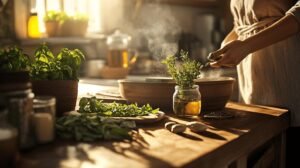 Bien sûr ! Voici le texte modifié, intégrant les mots demandés : shilajit, shilajit pur, shilajit en bocal et shilajit résine : Une personne prépare des herbes fraîches dans une cuisine baignée de soleil. Sur une table en bois, on retrouve des bocaux d'herbes, des feuilles vertes et de l'ail, ainsi que du shilajit pur présenté dans un bocal. De la vapeur s’élève d’un bol à côté duquel sont posés différents ingrédients naturels, dont de la résine de shilajit (shilajit résine). L’ambiance met en avant les bienfaits des plantes médicinales et l’utilisation traditionnelle du shilajit sous toutes ses formes : que ce soit le shilajit en bocal ou le shilajit pur mélangé aux préparations culinaires. N’hésitez pas si vous souhaitez un autre style ou plus d’occurrences !.