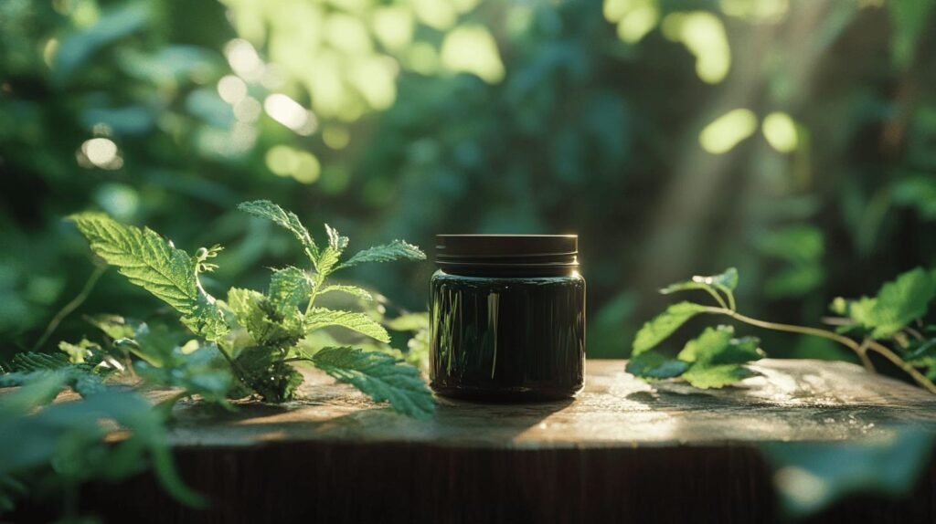 Un bocal en verre au couvercle sombre repose sur une surface en bois, entouré de feuillage vert. Ce bocal, étiqueté « shilajit pur », contient de la résine de shilajit, incarnant la pureté et le bien-être naturel. La lumière du soleil filtre à travers les feuilles, projetant une lumière tamisée sur le bocal de shilajit en bocal. L'atmosphère naturelle et sereine de la scène s'harmonise parfaitement avec l'essence du shilajit.