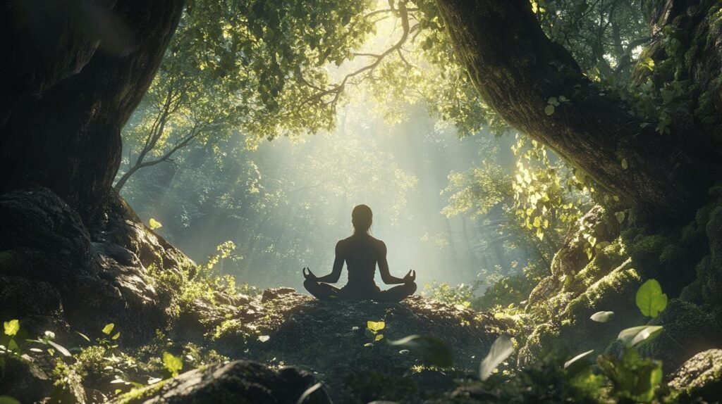 Une personne médite en position du lotus sur une surface rocheuse en forêt, baignée par les bienfaits du shilajit. La lumière du soleil filtre à travers la canopée dense des arbres, illuminant le cadre naturel serein d'une douce lueur éthérée. Non loin de là, un pot de shilajit pur repose tranquillement, sa présence accentuant l'atmosphère méditative. Le méditant se sent ancré et connecté à la nature à chaque respiration, comme s'il puisait son énergie dans la résine de shilajit elle-même. Cet environnement serein est idéal pour l'introspection et le ressourcement, avec le shilajit en bocal à ses côtés.