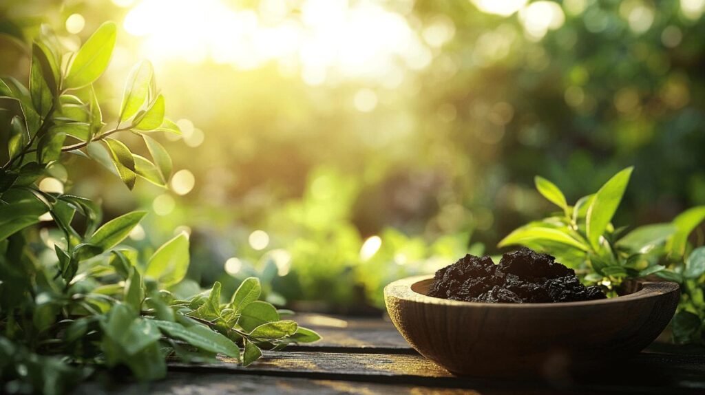 Un bol en bois rempli de fruits secs foncés, dont du shilajit, est posé sur une surface en bois rustique. La lumière du soleil filtre à travers un feuillage vert luxuriant en arrière-plan, créant une scène sereine, inspirée de la nature. La présence de shilajit pur ajoute une profondeur naturelle à l'assortiment. À proximité, un petit pot contenant de la résine de shilajit, aussi appelée « shilajit en bocal », complète le décor naturel et souligne la polyvalence de cette substance unique.