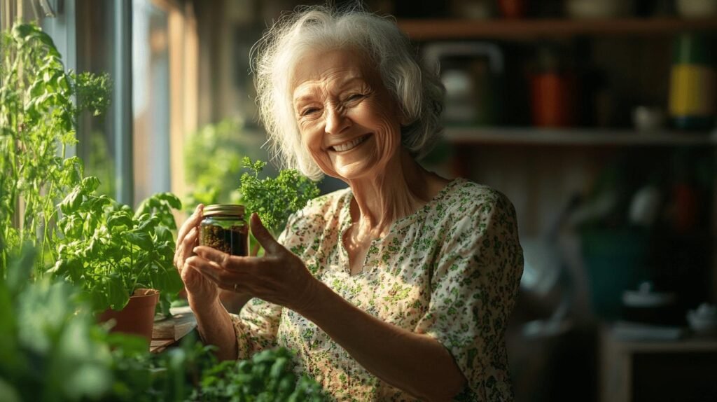 Une femme âgée aux cheveux blancs et portant un chemisier à fleurs sourit, tenant un pot de résine de shilajit. Elle est entourée de plantes en pot sur un rebord de fenêtre, baignée de soleil. Le pot qu'elle tient contient du shilajit pur, souvent appelé shilajit en bocal, un remède ancien réputé pour ses bienfaits potentiels sur la santé.