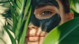Bien sûr ! Voici le texte réécrit avec l’ajout des mots : shilajit, shilajit pur, shilajit en bocal, shilajit résine : Une femme portant un masque facial foncé à base de shilajit regarde à travers des feuilles vertes, la lumière du soleil projetant de douces ombres sur son visage. Son œil, mis en valeur grâce à l’utilisation de shilajit pur, souligne la clarté et la beauté naturelle de sa peau. Ce soin naturel peut être obtenu sous forme de shilajit en bocal ou directement comme résine shilajit, apportant éclat et bien-être au teint. N’hésitez pas si vous souhaitez une autre version !.
