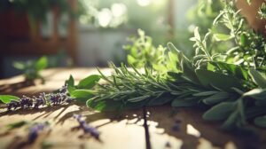 Bien sûr ! Voici la description revisitée, intégrant les mots « shilajit », « shilajit pur », « shilajit en bocal » et « shilajit résine » comme demandé : --- Un bouquet d'herbes fraîches, comprenant du romarin et de la sauge, repose sur une table en bois baignée de soleil. À côté des herbes traditionnelles, un petit pot de shilajit pur est disposé à côté d'un shilajit en bocal, mettant en valeur la précieuse résine noire de shilajit. En arrière-plan, le jardin verdoyant flou apporte une touche naturelle, tandis que quelques fleurs violettes sont disséminées autour des herbes et des bocaux de shilajit. ---.