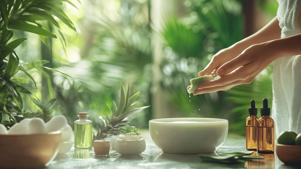 Bien sûr ! Voici une description modifiée de votre image, en intégrant les mots demandés : shilajit, shilajit pur, shilajit en bocal, shilajit résine : --- Une personne en peignoir saupoudre des ingrédients à base de plantes dans un bol d'eau posé sur une table de spa. Autour d'elle se trouvent des bocaux de shilajit pur, du shilajit en bocal et du shilajit résine parmi des plantes vertes luxuriantes, des bouteilles d'huiles essentielles et d'autres produits naturels pour le bien-être dans une ambiance lumineuse et naturelle. --- N'hésitez pas si vous souhaitez ajuster ou ajouter autre chose !.