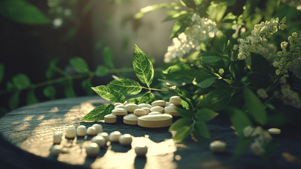 Bien sûr ! Voici une version du texte incluant les mots demandés ("shilajit", "shilajit pur", "shilajit en bocal", "shilajit résine") : --- Une pile de comprimés et de pilules blancs, aux côtés de shilajit, shilajit pur, shilajit en bocal et shilajit résine, repose sur une surface en bois rustique entourée de feuilles vertes et de fleurs blanches, avec la lumière du soleil filtrant à travers le feuillage. --- N'hésitez pas à préciser si vous souhaitez la phrase en français ou tout autre ajustement !.