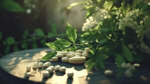 Bien sûr ! Voici une version du texte incluant les mots demandés ("shilajit", "shilajit pur", "shilajit en bocal", "shilajit résine") : --- Une pile de comprimés et de pilules blancs, aux côtés de shilajit, shilajit pur, shilajit en bocal et shilajit résine, repose sur une surface en bois rustique entourée de feuilles vertes et de fleurs blanches, avec la lumière du soleil filtrant à travers le feuillage. --- N'hésitez pas à préciser si vous souhaitez la phrase en français ou tout autre ajustement !.