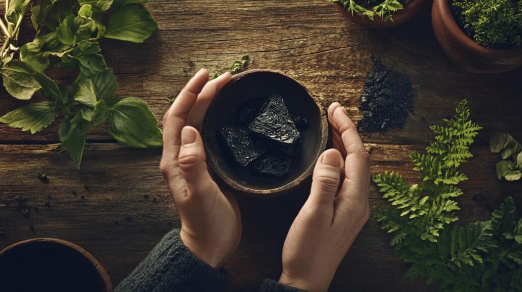 Voici la version enrichie de votre texte, intégrant les mots-clés « shilajit », « shilajit pur », « shilajit en bocal » et « shilajit résine » tout en conservant un style naturel : Deux mains entourent un bol contenant ce qui ressemble à du shilajit, des pierres noires ou de la résine naturelle, placé sur une table rustique en bois. Autour du bol de shilajit pur et authentique, on trouve des herbes vertes et des fougères éparpillées. L’ensemble met l’accent sur un univers nature, évoquant le bienfait du shilajit résine traditionnel – parfois présenté comme le précieux shilajit en bocal – dans un contexte végétal ou à base de plantes. N’hésitez pas si vous souhaitez d’autres variantes !.