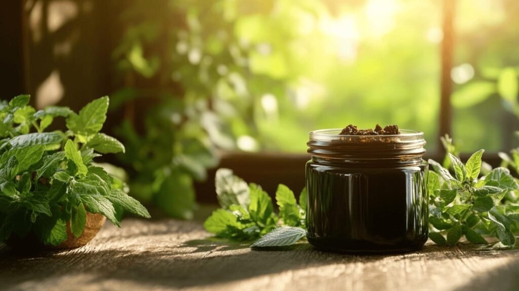 Voici votre texte réécrit en français, intégrant les mots demandés : shilajit, shilajit pur, shilajit en bocal, et shilajit résine. --- Un bocal en verre rempli de shilajit pur, une résine shilajit sombre et épaisse, repose sur une surface en bois entourée de feuilles de menthe fraîche. Ce shilajit en bocal est mis en valeur par la lumière du soleil filtrant à travers la fenêtre, tandis qu'une verdure luxuriante compose l'arrière-plan. Cette scène met parfaitement en avant la qualité du shilajit pur présenté ici sous forme de résine naturelle. --- N'hésitez pas si vous souhaitez d'autres reformulations !.