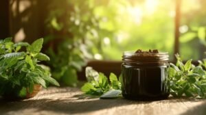 Voici votre texte réécrit en français, intégrant les mots demandés : shilajit, shilajit pur, shilajit en bocal, et shilajit résine. --- Un bocal en verre rempli de shilajit pur, une résine shilajit sombre et épaisse, repose sur une surface en bois entourée de feuilles de menthe fraîche. Ce shilajit en bocal est mis en valeur par la lumière du soleil filtrant à travers la fenêtre, tandis qu'une verdure luxuriante compose l'arrière-plan. Cette scène met parfaitement en avant la qualité du shilajit pur présenté ici sous forme de résine naturelle. --- N'hésitez pas si vous souhaitez d'autres reformulations !.