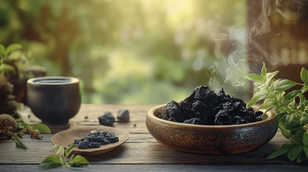 Voici votre texte, enrichi avec les mots demandés : shilajit, shilajit pur, shilajit en bocal, et shilajit resine : --- Une table en bois rustique contient un bol fumant d'herbes séchées foncées ou de thé infusé à la résine de shilajit. À proximité se trouve une cuillère en bois avec plus d'herbes séchées et de shilajit pur (shilajit pur), ainsi qu'une tasse noire prête à être dégustée. La scène est complétée par des pots de shilajit en bocal placés parmi des feuilles vertes fraîches, avec la lumière du soleil filtrant à travers un arrière-plan flou. --- N'hésitez pas à me demander d'autres adaptations si besoin !.