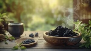 Voici votre texte, enrichi avec les mots demandés : shilajit, shilajit pur, shilajit en bocal, et shilajit resine : --- Une table en bois rustique contient un bol fumant d'herbes séchées foncées ou de thé infusé à la résine de shilajit. À proximité se trouve une cuillère en bois avec plus d'herbes séchées et de shilajit pur (shilajit pur), ainsi qu'une tasse noire prête à être dégustée. La scène est complétée par des pots de shilajit en bocal placés parmi des feuilles vertes fraîches, avec la lumière du soleil filtrant à travers un arrière-plan flou. --- N'hésitez pas à me demander d'autres adaptations si besoin !.