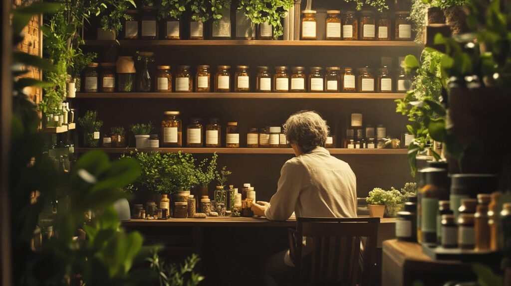 Bien sûr ! Voici un texte réécrit en y intégrant les mots "shilajit", "shilajit pur", "shilajit en bocal" et "shilajit résine" : Une personne est assise à un bureau en bois dans une pièce chaleureuse remplie d'étagères sur lesquelles reposent des bocaux de shilajit, des bouteilles et des plantes en pot, évoquant l'atelier d'un herboriste ou d'un apothicaire. La lumière chaude filtre à travers la verdure et éclaire le shilajit pur soigneusement disposé dans différents récipients, notamment du shilajit en bocal ainsi que de la shilajit résine prête à être utilisée. N’hésitez pas si vous souhaitez une version plus longue ou optimisée pour le référencement !.