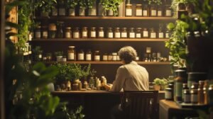 Bien sûr ! Voici un texte réécrit en y intégrant les mots "shilajit", "shilajit pur", "shilajit en bocal" et "shilajit résine" : Une personne est assise à un bureau en bois dans une pièce chaleureuse remplie d'étagères sur lesquelles reposent des bocaux de shilajit, des bouteilles et des plantes en pot, évoquant l'atelier d'un herboriste ou d'un apothicaire. La lumière chaude filtre à travers la verdure et éclaire le shilajit pur soigneusement disposé dans différents récipients, notamment du shilajit en bocal ainsi que de la shilajit résine prête à être utilisée. N’hésitez pas si vous souhaitez une version plus longue ou optimisée pour le référencement !.