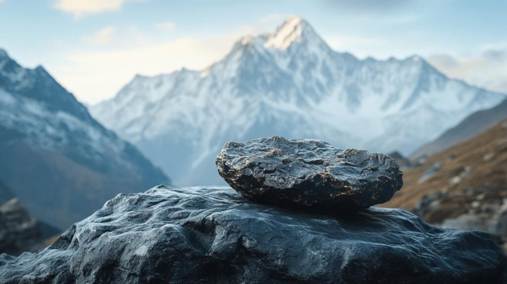 Bien sûr ! Voici une version de votre texte intégrant les mots _shilajit_, _shilajit pur_, _shilajit en bocal_ et _shilajit résine_ : Un morceau brillant de shilajit, ressemblant à une roche métallique, repose sur un plus grand rocher au premier plan. À l’arrière-plan, les sommets enneigés des montagnes sont flous sous un ciel partiellement nuageux. Ce shilajit pur tenue le regard par ses reflets intrigants, illustrant la rareté du shilajit réaliste en haute altitude. On imagine facilement ce précieux shilajit en bocal prêt à être utilisé pour ses nombreux bienfaits naturels. Vous pouvez adapter ce texte selon vos besoins !.