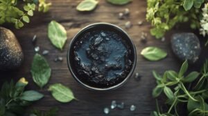 Bien sûr ! Voici le texte retravaillé pour inclure les mots-clés "shilajit", "shilajit pur", "shilajit en bocal" et "shilajit résine" : --- Un bol de pâte de shilajit noir foncé, également connu sous le nom de shilajit pur ou shilajit en bocal, repose sur une surface en bois. La résine shilajit est entourée de feuilles vertes fraîches, d'herbes, de pierres lisses et de petits cristaux, créant un cadre naturel et terreux.