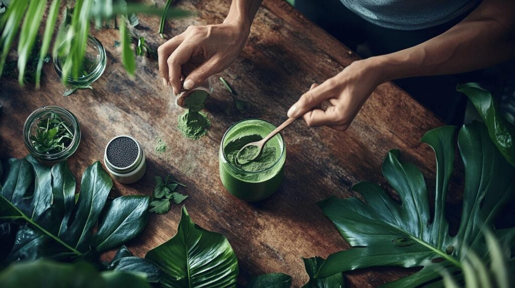 Bien sûr ! Voici votre description enrichie avec les mots-clés demandés : Une personne prélève de la poudre verte, éventuellement du shilajit, du shilajit pur ou encore du shilajit en bocal, dans un pot avec une cuillère en bois posée sur une table rustique entourée de bocaux en verre pouvant contenir de la résine de shilajit et de grandes plantes vertes à feuilles. Si vous avez besoin de variantes ou d'autres intégrations de mots clés (en français ou en anglais), dites-le-moi !.