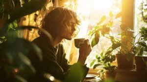 Bien sûr ! Voici la description enrichie avec les mots demandés : Une personne aux cheveux bouclés est assise parmi de luxuriantes plantes d'intérieur près d'une fenêtre baignée de soleil, sirotant paisiblement une tasse ornée de motifs floraux. Des rayons chaleureux filtrent à travers les rideaux, créant une ambiance douillette et sereine. Sur la table à proximité, un bocal de shilajit pur repose discrètement à côté d'une petite cuillère contenant un peu de shilajit résine, tandis que l'arôme subtil du shilajit s'accorde parfaitement avec ce moment apaisant. N'hésitez pas à demander si vous souhaitez intégrer ces termes dans plusieurs autres textes spécifiques !.