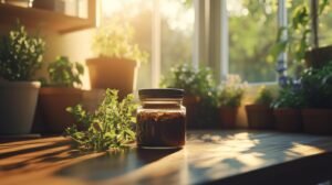 Voici le texte modifié pour inclure les mots-clés demandés : Un bocal en verre de shilajit, étiqueté « shilajit pur » ou « shilajit en bocal », est posé sur une table en bois remplie d'herbes séchées. À proximité, des plantes fraîches en pot entourent la scène, et la lumière chaude d'une fenêtre voisine illumine la résine de shilajit et les ingrédients naturels. L'atmosphère évoque une cuisine chaleureuse et naturelle, baignée par la douce lumière du soleil, où l'on peut profiter des bienfaits du shilajit.