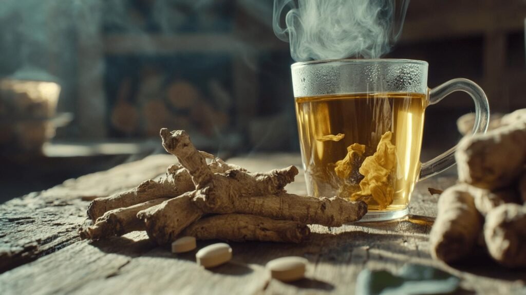 Bien sûr ! Voici la description retravaillée intégrant les mots shilajit, shilajit pur, shilajit en bocal et shilajit résine : Une tasse fumante de thé aux herbes repose sur une table en bois rustique à côté de racines de ginseng séchées, de plusieurs comprimés ronds ainsi que d'un bocal contenant du shilajit pur. La lumière chaude du soleil illumine la scène et met en valeur la présence précieuse de la résine de shilajit, aussi appelée shilajit en bocal ou sous forme pure. N'hésitez pas si vous souhaitez davantage d'adaptations !.