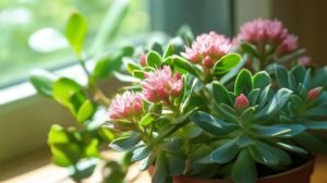 Bien sûr ! Voici votre texte enrichi avec les mots "shilajit", "shilajit pur", "shilajit en bocal" et "shilajit résine" intégrés naturellement : Un gros plan d'une plante succulente en pot, aux feuilles épaisses et vertes et aux grappes de fleurs rose vif, placée sur un rebord de fenêtre baigné de soleil. Près de cette jolie composition naturelle, on distingue un bocal contenant du shilajit pur, mettant en avant l'association harmonieuse entre la nature et les bienfaits du shilajit. La lumière met également en valeur une petite portion de shilajit résine déposée à côté du bocal, soulignant l'authenticité du shilajit en bocal dans cet environnement lumineux. N'hésitez pas si vous souhaitez d'autres variantes ou ajustements !.