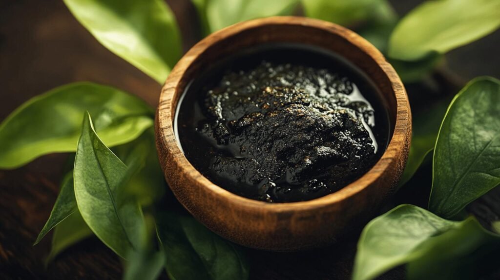 Voici la version modifiée de votre texte, intégrant les mots-clés demandés : Un bol en bois rempli d'une épaisse pâte de résine de shilajit brun foncé, étiqueté shilajit pur (shilajit pur), est entouré de feuilles vertes fraîches et placé sur une surface sombre. Le shilajit en bocal (shilajit dans un pot) se trouve à proximité, mettant en valeur la forme naturelle et la qualité de ce supplément traditionnel. N’hésitez pas à préciser si vous souhaitez une version plus courte ou un autre style !.