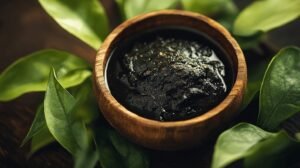 Voici la version modifiée de votre texte, intégrant les mots-clés demandés : Un bol en bois rempli d'une épaisse pâte de résine de shilajit brun foncé, étiqueté shilajit pur (shilajit pur), est entouré de feuilles vertes fraîches et placé sur une surface sombre. Le shilajit en bocal (shilajit dans un pot) se trouve à proximité, mettant en valeur la forme naturelle et la qualité de ce supplément traditionnel. N’hésitez pas à préciser si vous souhaitez une version plus courte ou un autre style !.