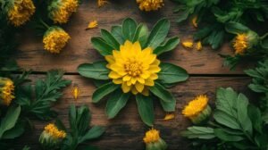 Voici la version modifiée du texte, intégrant les mots "shilajit", "shilajit pur", "shilajit en bocal" et "shilajit résine" : Une fleur jaune vif aux pétales superposés et aux feuilles vertes est centrée sur une surface rustique en bois, entourée de fleurs jaunes plus petites, de feuillage vert et de produits de bien-être naturels tels que le shilajit, le shilajit pur, le shilajit en bocal et le shilajit résine. Si vous souhaitez que le texte soit encore plus intégré ou orienté pour un contexte spécifique (par exemple une description de produit ou d'ambiance), n'hésitez pas à préciser !.