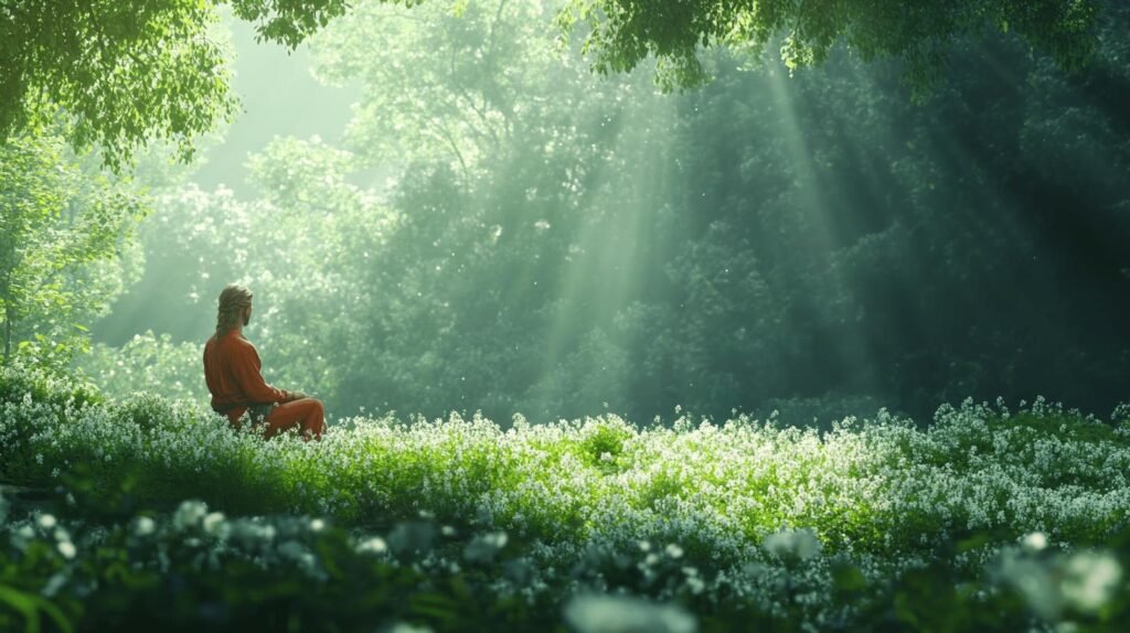 Bien sûr ! Voici la description reformulée, intégrant les mots-clés demandés (" shilajit ", " shilajit pur ", " shilajit en bocal " et " shilajit résine ") de façon naturelle : Une personne vêtue d'une robe orange est assise en tailleur, méditant sur un champ de fleurs blanches. À ses côtés reposent un bocal de shilajit pur et une petite quantité de shilajit résine, témoignant des bienfaits naturels du shilajit dans sa pratique spirituelle. Tout autour, la nature luxuriante-avec ses arbres verts baignés d'une lumière douce filtrant à travers le feuillage-invite au calme et à l'harmonie. N'hésitez pas si vous souhaitez davantage ou une variante de ce texte !.