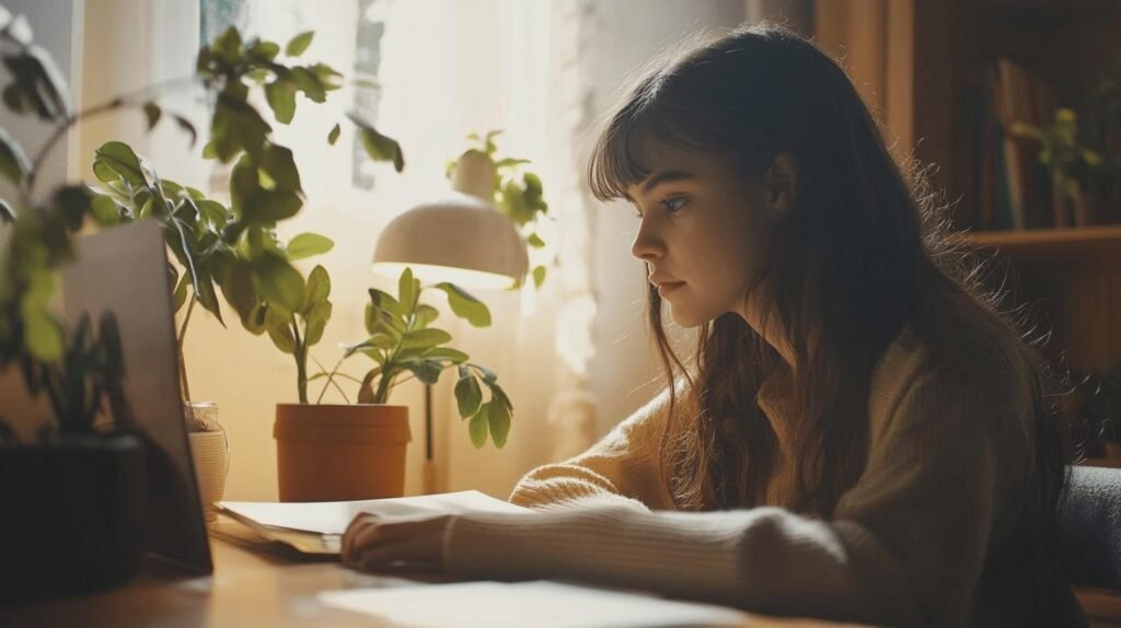 Bien sûr ! Voici une version adaptée de ton texte intégrant de manière naturelle les mots-clés " shilajit ", " shilajit pur ", " shilajit en bocal " et " shilajit résine " : Une jeune femme est assise à son bureau en train d'étudier, entourée de plantes en pot et de livres. Parmi eux se trouve un petit bocal de shilajit pur, contenant la précieuse shilajit résine qu'elle utilise régulièrement pour booster sa concentration. Le soleil qui entre par la fenêtre réchauffe doucement l'atmosphère, créant un espace propice au travail, où le shilajit tient une place importante sur son bureau aux côtés de ses autres indispensables. N'hésite pas si tu veux adapter ce texte à un contexte particulier ou l'allonger !.