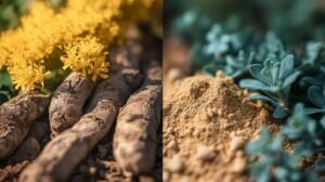 Bien sûr ! Voici le texte réécrit en intégrant les mots suivants : shilajit, shilajit pur, shilajit en bocal, shilajit résine : --- Gros plan sur des racines de curcuma avec des fleurs jaunes à gauche, et un tas de poudre de curcuma avec des feuilles vertes à droite, soulignant le contraste entre les formes brutes et transformées du curcuma. À côté de ces éléments naturels et transformés du curcuma, découvrez également le shilajit sous diverses formes telles que le shilajit pur, le shilajit en bocal et la résine de shilajit (shilajit résine), illustrant l'alliance des trésors issus de la nature pour votre bien-être. --- N'hésitez pas si vous souhaitez d'autres variantes ou l'adaptation complète dans un autre contexte ou une autre langue !.