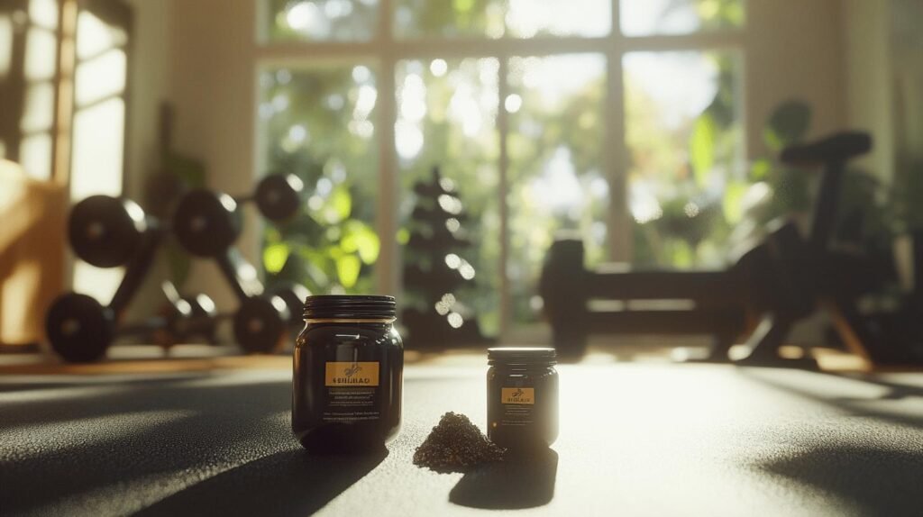 Bien sûr ! Voici une version intégrant les mots « shilajit », « shilajit pur », « shilajit en bocal » et « shilajit résine » dans le texte : Deux bocaux de shilajit, chacun avec une étiquette sombre, sont posés sur un tapis de yoga dans une salle de sport à domicile baignée de soleil. De petits tas de poudre de shilajit pur accompagnent les bocaux, suggérant la qualité et l’authenticité du produit. À l'arrière-plan flou, on distingue des haltères, un banc de musculation ainsi que de grandes fenêtres donnant sur la verdure extérieure. Le cadre idéal pour profiter des bienfaits du shilajit en bocal ou sous forme de résine naturelle lors d'une séance de bien-être. N’hésitez pas si vous souhaitez d’autres variantes !.