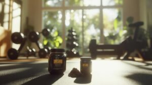 Bien sûr ! Voici une version intégrant les mots « shilajit », « shilajit pur », « shilajit en bocal » et « shilajit résine » dans le texte : Deux bocaux de shilajit, chacun avec une étiquette sombre, sont posés sur un tapis de yoga dans une salle de sport à domicile baignée de soleil. De petits tas de poudre de shilajit pur accompagnent les bocaux, suggérant la qualité et l’authenticité du produit. À l'arrière-plan flou, on distingue des haltères, un banc de musculation ainsi que de grandes fenêtres donnant sur la verdure extérieure. Le cadre idéal pour profiter des bienfaits du shilajit en bocal ou sous forme de résine naturelle lors d'une séance de bien-être. N’hésitez pas si vous souhaitez d’autres variantes !.