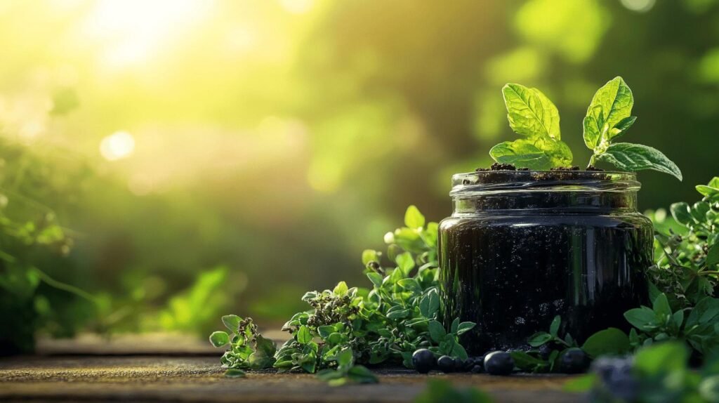 Bien sûr ! Voici une version du texte en intégrant les mots "shilajit", "shilajit pur", "shilajit en bocal" et "shilajit résine" : Un bocal en verre rempli de shilajit résine, d'aspect sombre et dense, accompagné de terre et d'une petite plante verte, repose sur une surface en bois entourée de diverses herbes. La scène est éclairée par une lumière chaude du soleil avec un arrière-plan flou verdoyant. Ce shilajit pur présenté dans un shilajit en bocal évoque la puissance naturelle des minéraux bruts. Si vous avez besoin d'intégrer ces termes dans différents textes ou pour plusieurs variantes, n'hésitez pas à préciser !.