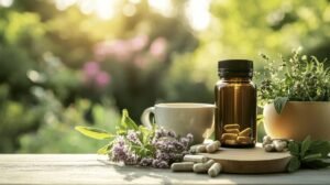 Bien sûr ! Voici votre texte modifié, intégrant les mots-clés demandés : shilajit, shilajit pur, shilajit en bocal, shilajit résine. --- Un pilulier brun de shilajit, un gobelet blanc et des gélules à base de plantes sont posés sur une table où se trouvent des herbes et des fleurs fraîches. A côté d'eux, un pot de shilajit pur et un récipient de shilajit en bocal côtoient des compléments traditionnels. La couleur profonde de la résine de shilajit contraste magnifiquement avec la verdure à l'arrière-plan, où une plante en pot est baignée d'une douce lumière solaire. --- N'hésitez pas si vous souhaitez encore plus de versions ou d'intégrations !.