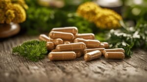 Voici votre texte modifié pour inclure les mots : shilajit, shilajit pur, shilajit en bocal, shilajit resine : --- Une pile de capsules d'herbes brunes repose sur une surface en bois rustique, entourée d'herbes vertes fraîches et de fleurs jaunes floues en arrière-plan. Parmi elles, on peut remarquer des formes naturelles de résine de shilajit et un pot étiqueté "shilajit en bocal", soulignant la présence de shilajit pur. Cette disposition met en valeur à la fois les compléments traditionnels comme les gélules et l'authenticité du shilajit pur sous différentes formes. --- Si vous souhaitez que le texte soit encore plus axé sur le shilajit, n'hésitez pas à préciser !.