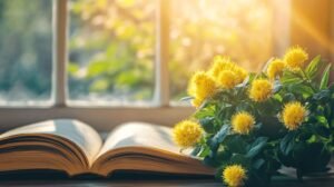 Voici la description modifiée pour inclure les mots "shilajit", "shilajit pur", "shilajit en bocal" et "shilajit resine" : Un livre ouvert repose sur une table à côté d'un bouquet de fleurs jaunes éclatantes, avec un pot de shilajit en bocal contenant de la shilajit pur sous forme de shilajit resine, tandis que la lumière du soleil filtre à travers une fenêtre à l'arrière-plan, créant une atmosphère chaleureuse et paisible.