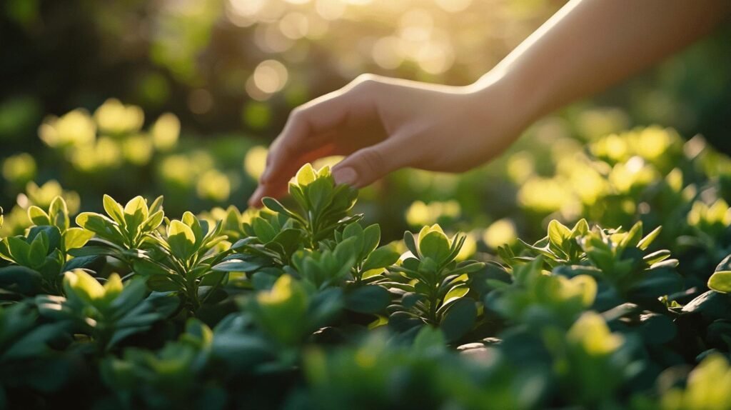 Bien sûr ! Voici une version du texte intégrant naturellement les mots "shilajit", "shilajit pur", "shilajit en bocal" et "shilajit résine" : Une main effleure doucement des feuilles vertes éclatantes dans un jardin baigné de soleil, tandis qu'une lumière douce illumine le feuillage, créant une atmosphère paisible. C'est au cœur de cette nature que l'on imagine la récolte du shilajit pur, soigneusement conservé - que ce soit sous forme de shilajit en bocal ou de shilajit résine - afin d'offrir toute la puissance et la pureté du shilajit.