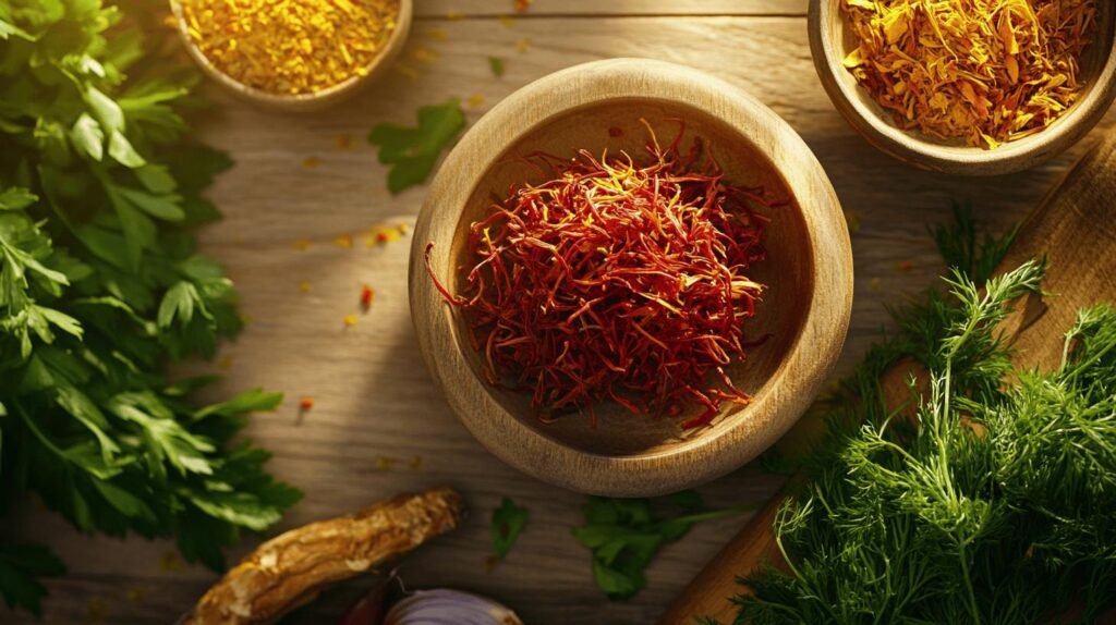 Bien sûr ! Voici votre texte enrichi avec les mots " shilajit ", " shilajit pur ", " shilajit en bocal " et " shilajit résine " de manière naturelle : --- Un bol en bois rempli de fils de safran est posé sur une table en bois, entouré d'herbes vertes fraîches et d'autres bols d'épices séchées - dont du shilajit premium, du shilajit résine pur, et même du shilajit en bocal - le tout baigné d'une lumière chaude et naturelle. Ce cadre harmonieux met en valeur la riche diversité des ingrédients naturels tels que le safran et les bienfaits du shilajit pur pour les adeptes de la santé. Qu'il s'agisse d'utiliser des herbes fraîches ou de prendre son pot de shilajit résine, chaque élément apporte une valeur ajoutée unique à toute création culinaire. --- Si vous souhaitez une version en français ou d'autres modifications (tonalité commerciale ou informative), n'hésitez pas à préciser !.