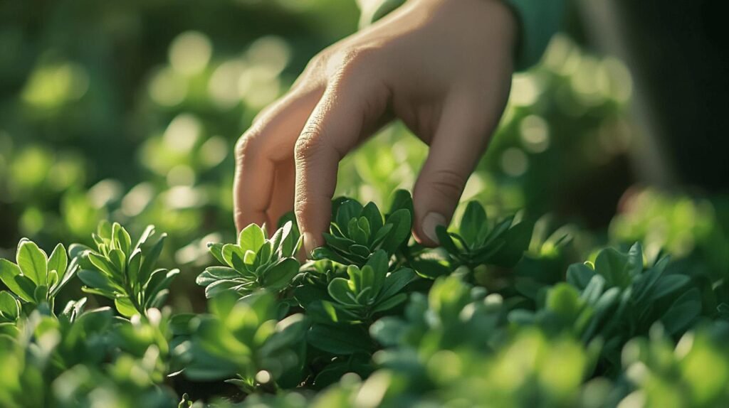 Bien sûr ! Voici le texte modifié, intégrant les mots shilajit, shilajit pur, shilajit en bocal et shilajit résine : --- Une main effleure délicatement des plantes vertes et luxuriantes poussant côte à côte dans un jardin ensoleillé, la lumière naturelle douce mettant en valeur les feuilles saines - évoquant le soin et la pureté associés au shilajit, en particulier au shilajit pur de première qualité. Tout comme on peut choisir avec soin des plantes ou des remèdes à base de plantes trouvés dans la nature, le choix de shilajit en bocal ou de shilajit résine garantit une expérience authentique ancrée dans la tradition et la qualité. --- N'hésitez pas à me dire si vous souhaitez une version plus longue ou adaptée à un certain contexte !.