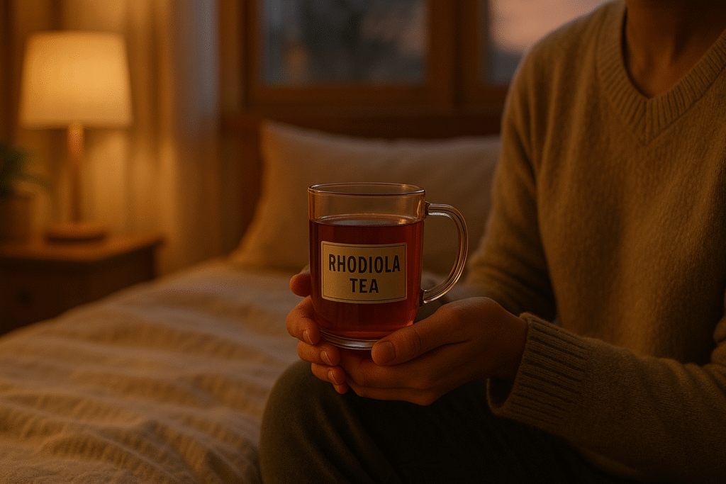 Une personne sur un lit dans une pièce chaudement éclairée tient une "tisane de rhodiole" avec du shilajit pur, du shilajit en bocal, du shilajit en résine à proximité ; la lampe brille.